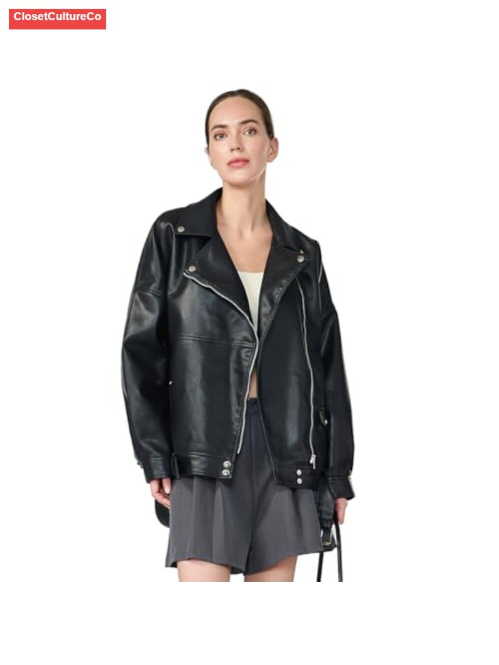Women's Faux Leather Jacket Cropped Motorcycle Belted Biker